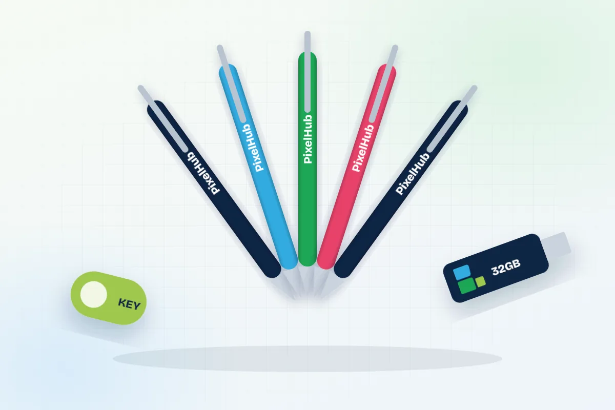 Fan of branded pens, USB drive and keyholder printed with pad printing