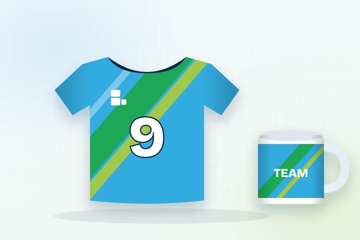 Sublimated football jersey with number 9 and branded sublimation mug